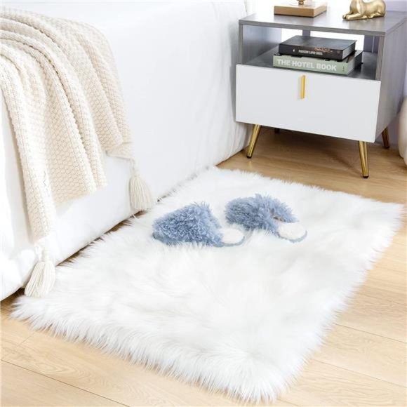 White Faux Fur Rug,Luxury Fluffy Rugs for Bedroom,2 x 3 Feet Washable Area Rugs - Picture 2 of 7